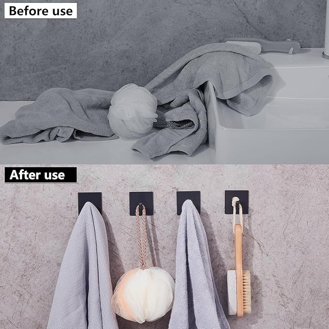 Heavy Duty Adhesive Hooks, Stick on Wall Adhesive Hangers, Strong Stainless Steel Holder, Self Adhesive Hooks for Kitchen Bathroom Home Door Towel Coat Key Robe 6 Packs Black