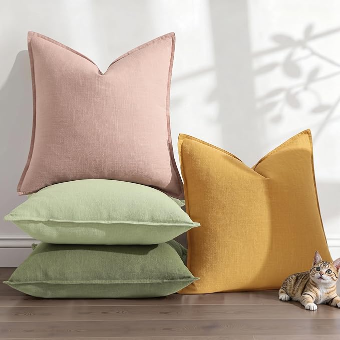 decorUhome Christmas Decorative Linen Throw Pillow Covers 22x22 Inch Set of 2 Pink Soft Pillow Covers with Flange Edges Soft Farmhouse Boho Accent Pillow Cases for Couch Sofa Bed Living Room