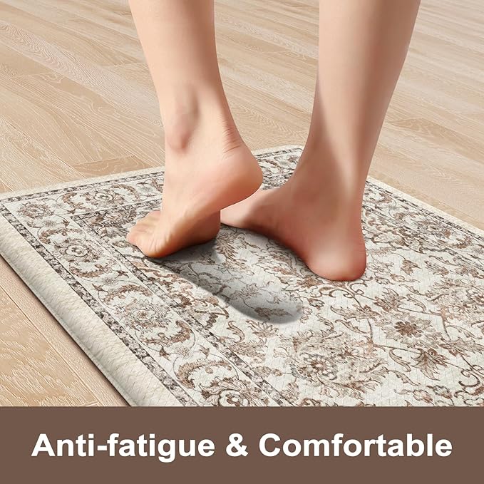 KIMODE Anti Fatigue Mats for Kitchen Floor,Kitchen Rugs Sets of 2 Non Slip,Padded Cushioned Kitchen Floor Mats,Memory Foam Kitchen Mat for Sink Laundry Office Desk,17"x29.5"+17" x47”,Khaki