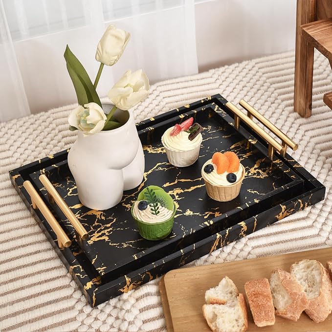 Modern Decorative Tray Set of 2 - Black and Gold Marble Wood Serving Tray with Gold Polished Metal Handles for Ottoman, Coffee Table, and More