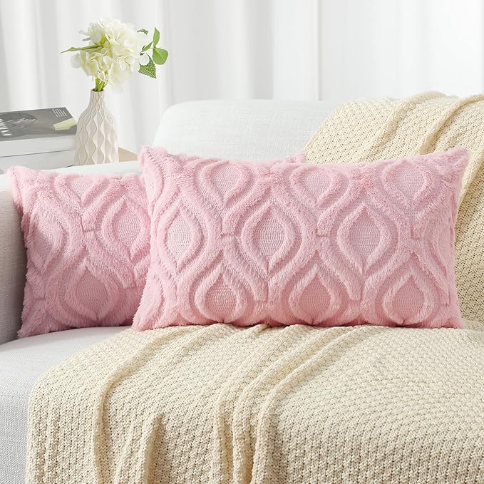 decorUhome Throw Pillow Covers 12x20 Inch Set of 2, Soft Plush Faux Wool Light Pink Solid Couch Pillow Covers, Accent Farmhouse Neutral Lumbar Pillow Cases for Sofa Bed Living Room