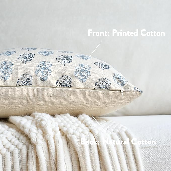 Floral Vintage Throw Pillow Covers 24x24 Pillow Cover Block Print Decorative Cushion Covers Farmhouse Neutral Accent Home Décor for Sofa Couch Living Room Bedroom, 1PC, Aqua Blue
