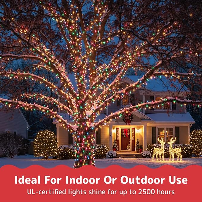PREXTEX Christmas String Lights with Green Wire - 100 Count, 20 Ft Multicolored Christmas Tree Lights for Xmas Decorations Indoor and Outdoor - Incandescent String Light for Patios, Fences, Holidays