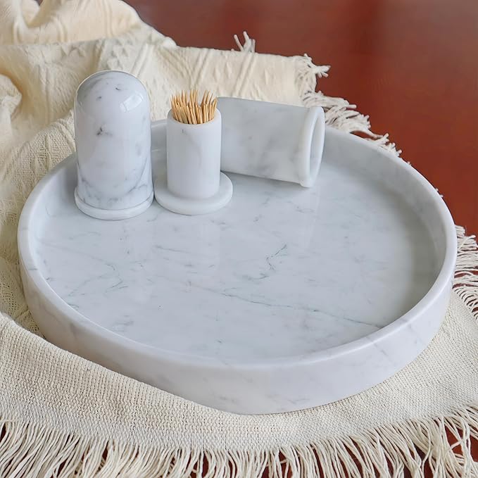 Carrara White Marble Tray Round 10 Inch, Natural Stone Perfume & Dessert Tray, Elegant Serving & Display Plate for Home, Vanity, 2 cm Deep, Non-Slip Base