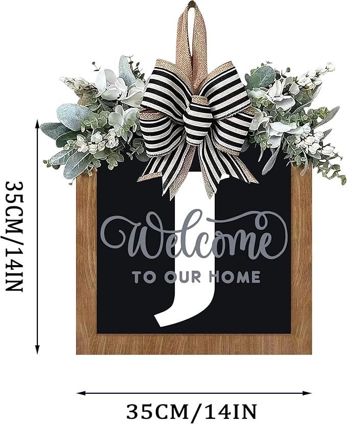 14’’ Last Name All Year Round Front Door Wreath, 26 Letter Welcome Sign Door Wreaths for Front Door Outside, Welcome Garland and Eucalyptus and Bow Suitable for All Seasons for Outdoor Decoration (J)