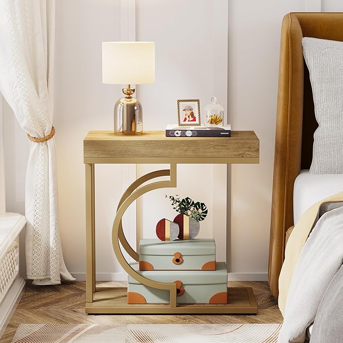 Tribesigns Narrow Side Table C Shaped End Table Modern Bedside Tables for Couch, Small Sofa Chairside Tables with Metal Frame for Living Room (1, Natural+Wood Tones)