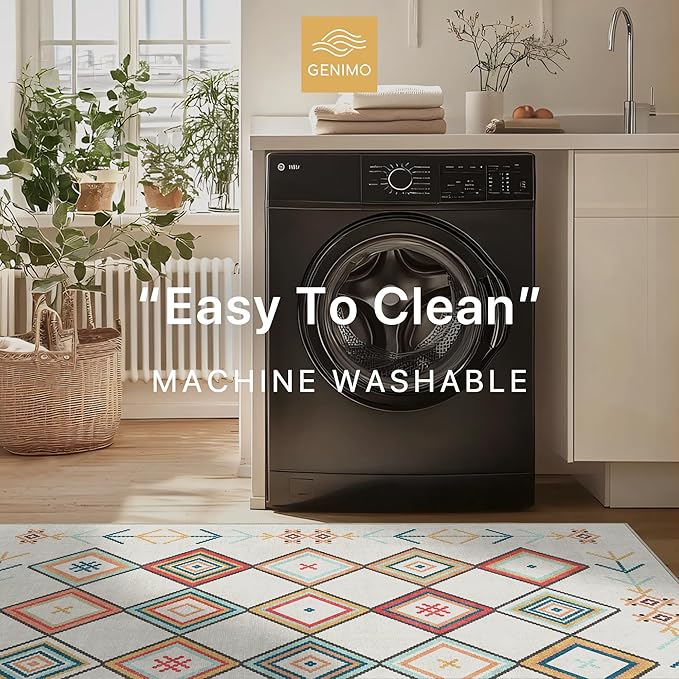 GENIMO Machine Washable 5x7 Area Rugs for Living Room, Non Slip Vintage Rugs, Low Pile Lightweight Chenille Print Rug for Bedroom, Dining Room, Home Office, Rainbow