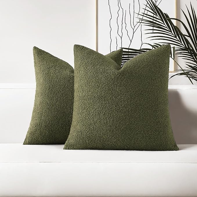 HAUSSY Set of 2 18x18 Decorative Throw Pillow Covers, Soft Cozy Textured Boucle Couch Cases, Home Decor for Couch Bed Living Room, Moss Green