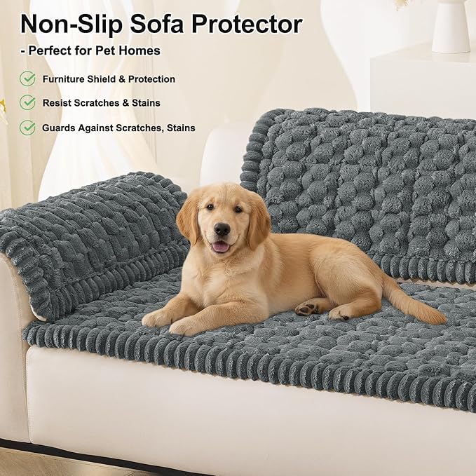 Smiry Pet Couch Cover for 3 Cushion Sofa, Non-Slip Fuzzy Couch Cover for Dogs Washable, Thick Soft Sofa Slipcovers Cushion Protector Pet Friendly (Dark Grey, 27.6" x 88")