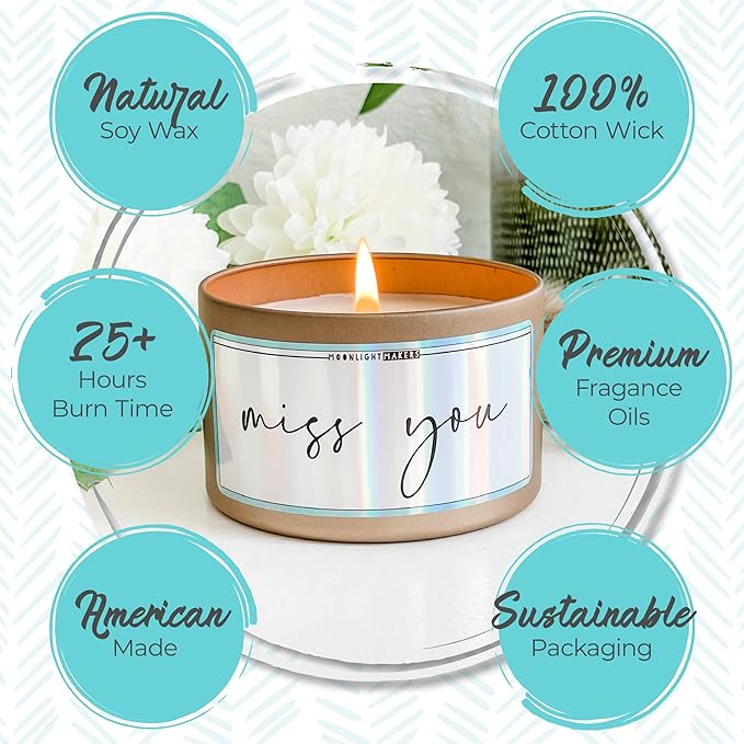 Moonlight Makers, Hi I Miss Your Face That Is All, Vanilla Breeze Scented Handmade Candle, Natural Soy Wax Candle, 25+ Hour Burn Time, 8oz Tin