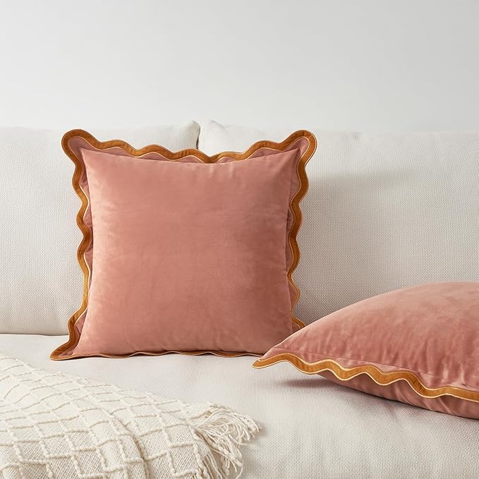MONDAY MOOSE Decorative Throw Pillow Covers Cushion Cases, Set of 2 Soft Velvet Scalloped Wavy Edge Designs, Mix and Match for Home Decor, Pillow Inserts Not Included (18x18 inch, Pink/Honey)