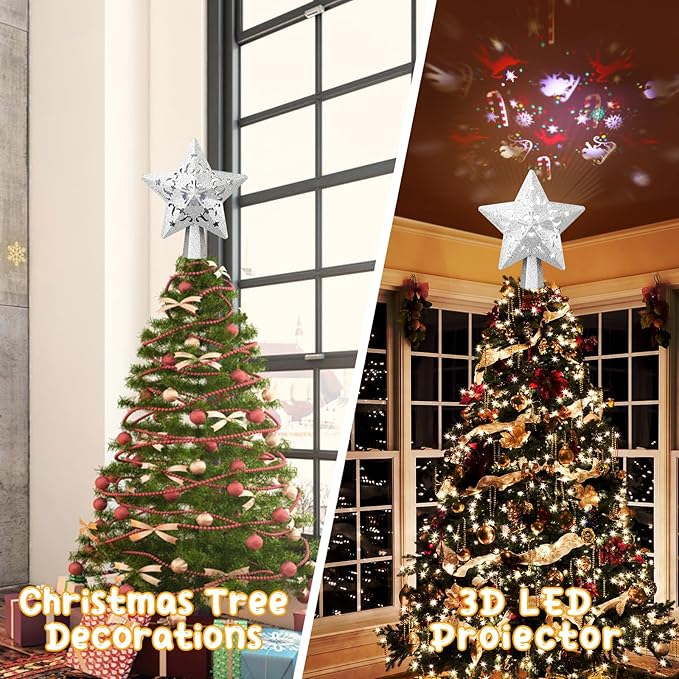Christmas Tree Topper, Christmas Star Tree Topper Built-in LED Rotating Lights, Plug in 3D Sliver Glittered Star Tree Topper for Xmas Party Holiday Decorations