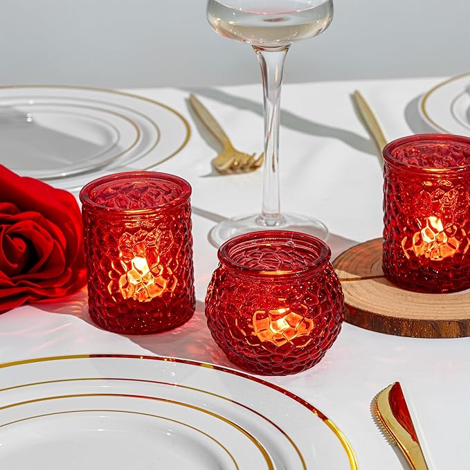 24-Piece Red Glass Votive Candle Holders Set – Tealight Candle Holder Glass Bulk with 12 Round & 12 Hammered Textured Cups, Red Votive Candle Holders for Weddings, Parties, Home