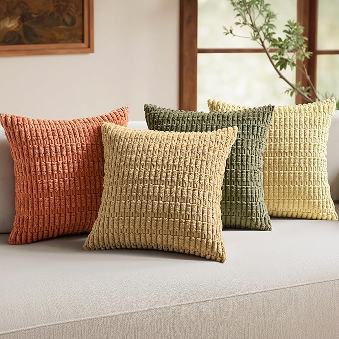 MIULEE Pack of 4 Boho Farmhouse Corduroy Decorative Throw Pillow Covers 18x18 Inch for Sofa Living Room Couch Bed Modern Retro Soft Striped Pillow Covers Home Decor Brown Green