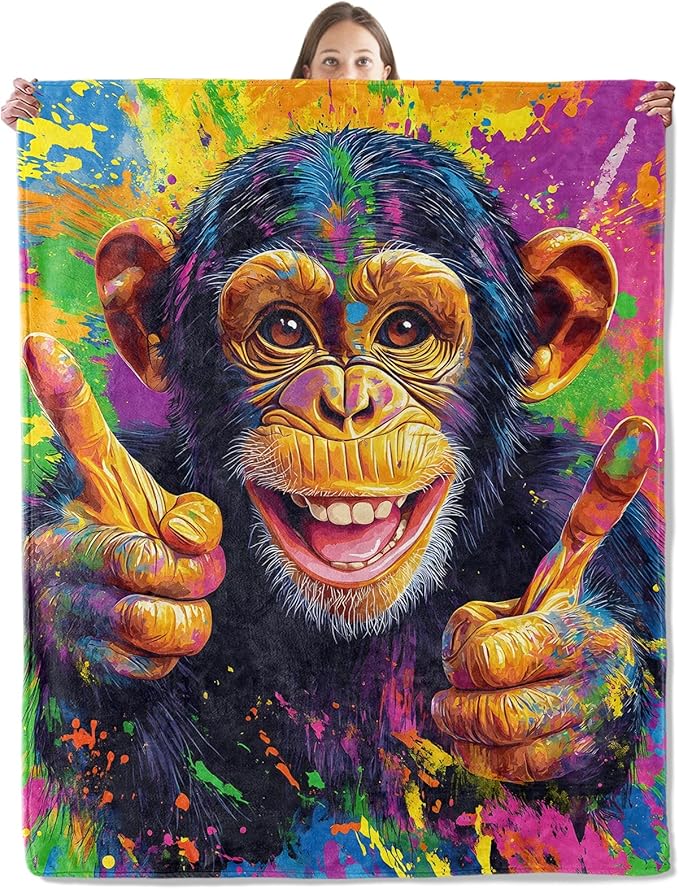 Funky Chimpanzee Blanket, Cozy Plush Chimp Throw Blanket for Couch Bedroom Outdoor, Lightweight Soft Flannel Travel Blankets, Gifts for Women Adults Kids, Warm Decor 60"×80"
