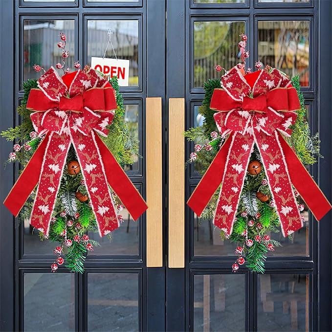 RECUTMS 2 Pieces Christmas Bows Red Christmas Tree Topper Wreath Bows with Xmas Tree Patterns Two-Tier Christmas Bow Decoration for Winter Holiday Xmas Gift Party Seasonal Indoor Outdoor Decor