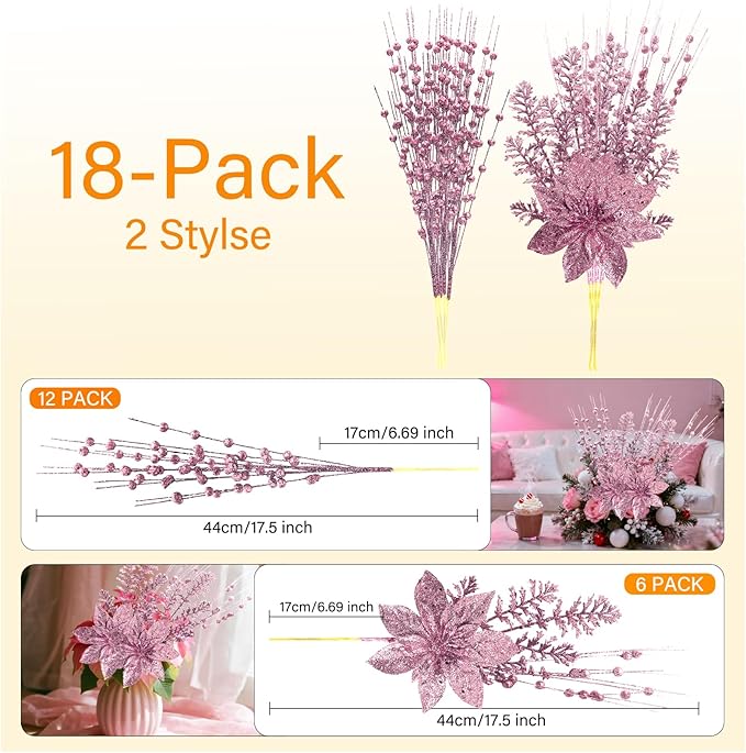 18 Pack Christmas Tree Ornaments Set, 17.5 Inch Pink Fake Christmas Picks Decorations with 2 Styles, Artificial Glitter Berry Stem Ornaments for Christmas Tree Wedding Small Vase Wreath Decor
