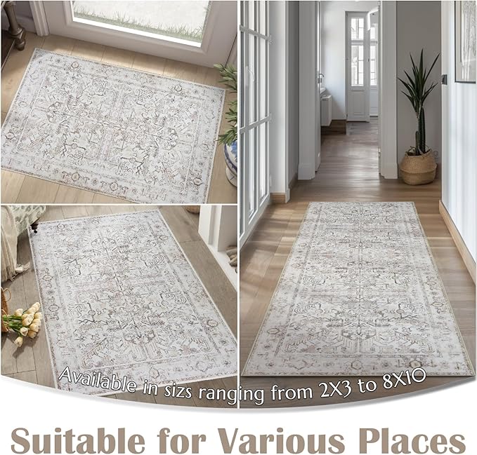 jinchan Lima Runner Rug 2x5 Washable Hallway Runner - Vintage Floral Non Slip Low-Pile Soft Ultra-Thin Kitchen Rug Distressed Carpet for Farmhouse Bedroom Entryway Laundry Room (2x5ft, Taupe)