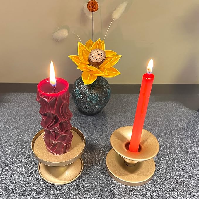 Table Gold Candle Holders – Set of 2 | Reversible Metal Candle Stand for Pillar & Taper Candles | Stylish Tabletop Candle Tray for Home Décor, Weddings & Special Occasions (Gold)