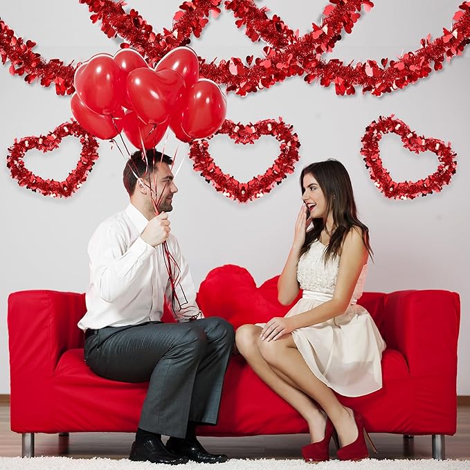 Valentines Day Garland Decor 50FT Red Heart Tinsel Garland Metallic Hanging Garlands Glitter Streamers Valentines Day Decorations for Home Mantel Table Indoor Outdoor Galentines Party Romantic Decor