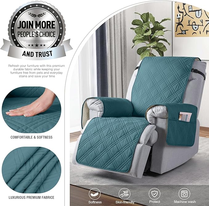 TAOCOCO 100% Waterproof Recliner Chair Cover, Non Slip Recliner Covers for Recliner Chair with Pocket, Washable Reclining Chair Cover Furniture Protector for Kids,Dogs(23.6'', Peacock Blue)