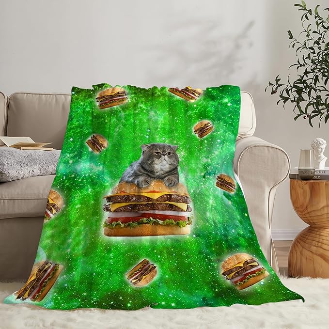 Tijuboni Hamburger Cat Throw Blanket Funny Cat Gifts for Girls Boys Women Men Kids Adults Soft Flannel Fleece Blanket for Couch Sofa Bed Home Decor 60"x80"