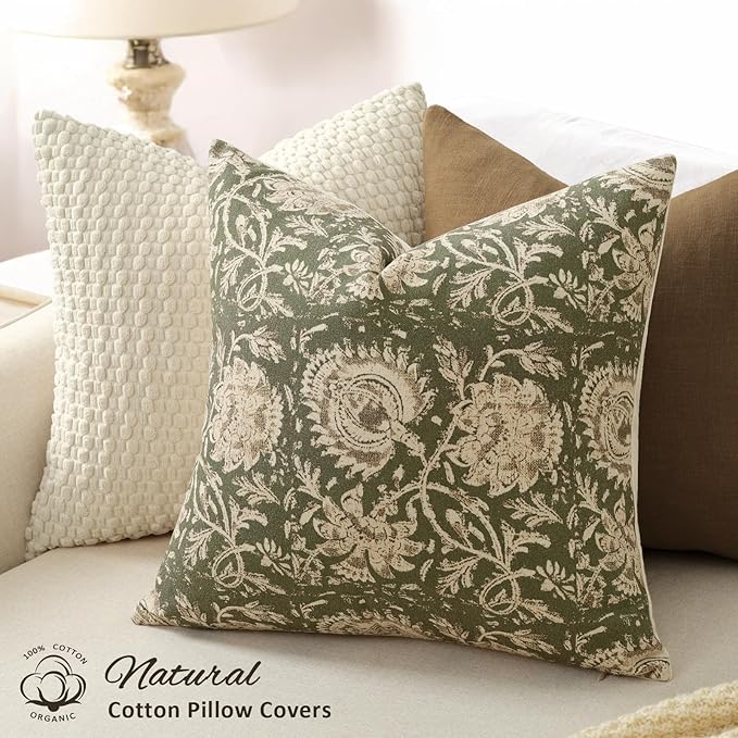 Vintage Floral Print Throw Pillow Covers 20x20 Set of 2 Neutral Modern Farmhouse Pillowcase Accent Decorative Cushion Covers Boho Home Decor for Couch Sofa Chair Bed Living Room, Olive Green