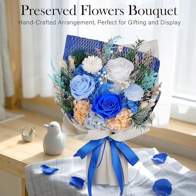 Preserved Flowers Bouquet - Forever Flowers for Delivery, Real Eternal Roses Bouquet for Mothers, Mom, Wife Anniversary Birthday Gifts for Women Men, Blue