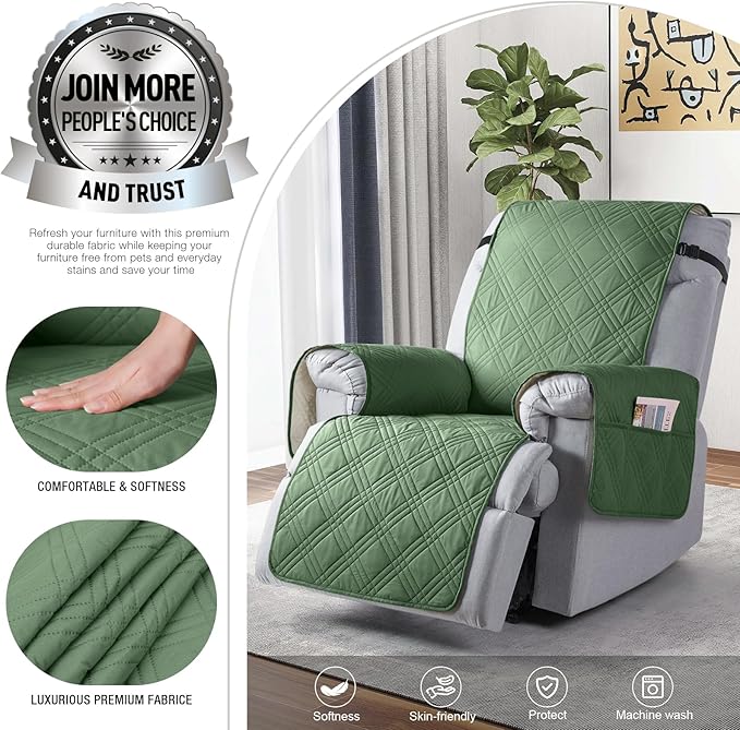 TAOCOCO Waterproof Recliner Chair Covers 30 Inch Wide, Oversized Recliner Covers for Recliner Chair with Pocket, Recliner Slipcovers with Straps Furniture Protector for Kids Pets (30'', Vine Green)