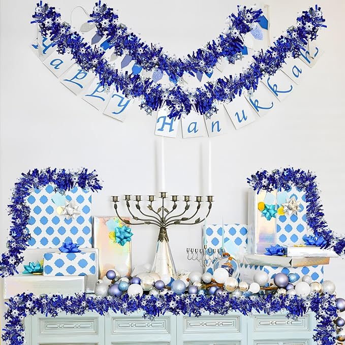 33 Ft Hanukkah Tinsel Garland Blue Metallic Garland with Silver Stars Hanukkah Chanukah Decorations for Outdoor Indoor Holiday Party Christmas Supplies