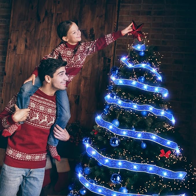 Christmas Decorations, 2.5Inch x 33Ft 100 Led Christmas Tree Ribbon Lights with Remote Control, Battery Operated & USB Powered 8 Lighting Modes Fairy String Lights with Timer for Xmas Decor