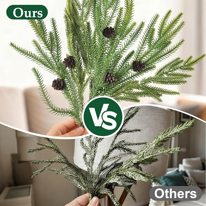 6 PCS Real Touch Christmas Norfolk Pine Stems Branches with 5PCS Pinecones, Soft Bendable Droopy Artificial Faux Pine Stems Picks Lifelike Greenery Stems for Vase Garland Wreath Table Home Decor