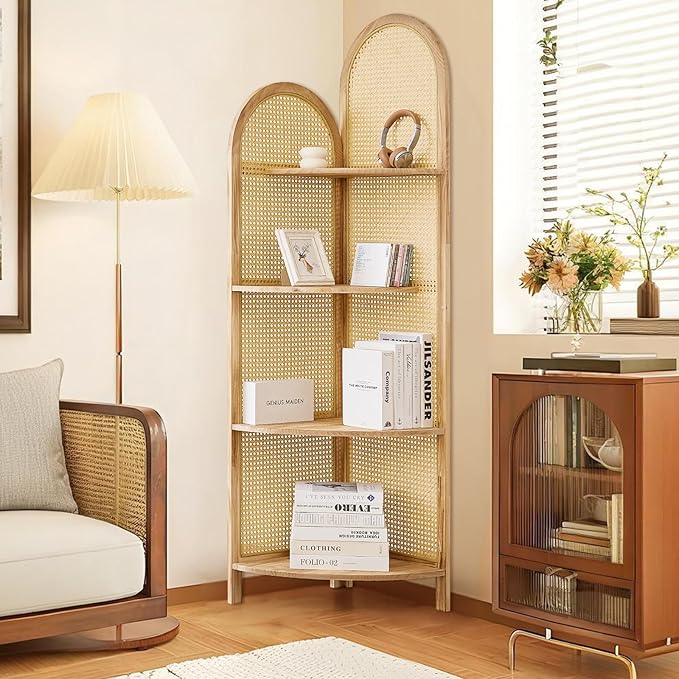 4-Tier Corner Shelf Stand 70" Rattan Corner Shelves Display Shelf Wall Corner Bookshelf with Solid Wood Frame Multi Unit Organizer Rack with Legs for Living Room Decor,Small Space, Natural