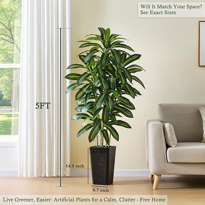 Artificial Dracaena Tree：5FT Faux Silk Tropical Yucca Floor Trees Realistic Fake Green Plant with Natural Wood Trunk & Lifelike Leaves for Home Office Decor Indoor & Outdoor (5FT,1-Pack,Black)