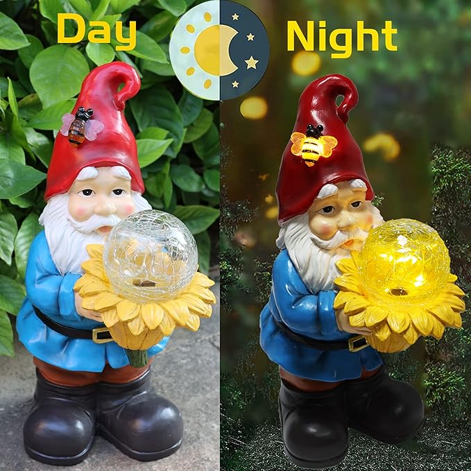 Solar Gnome Waterproof - Large Garden Gnome Funny Solar Outdoor LED Lights Resin Statues Lantern Figurines Xmas Decorations Birthday Housewarming Gifts for Mom Women (Sunflower Gnome(Warm White))