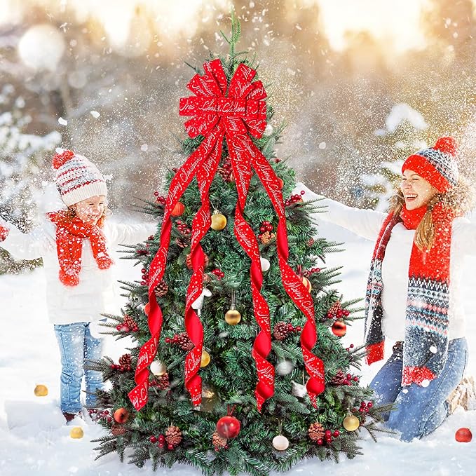 Christmas Tree Topper Christmas Wreath Bow, 52 * 13 inches Tree Toppers Bow with Letter Patterned Ribbon for Xmas Tree Christmas Rustic Farmhouse Home Holiday Party Decorations Red