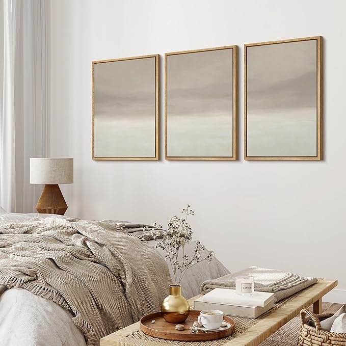 MUDECOR Framed Wall Art Print Set Misty Horizon Minimalist Foggy Mountain Landscape in Soft Neutral Tones Illustrations Realism Decorative for Living Room, Bedroom, Office - 24"x36"x3 Natural