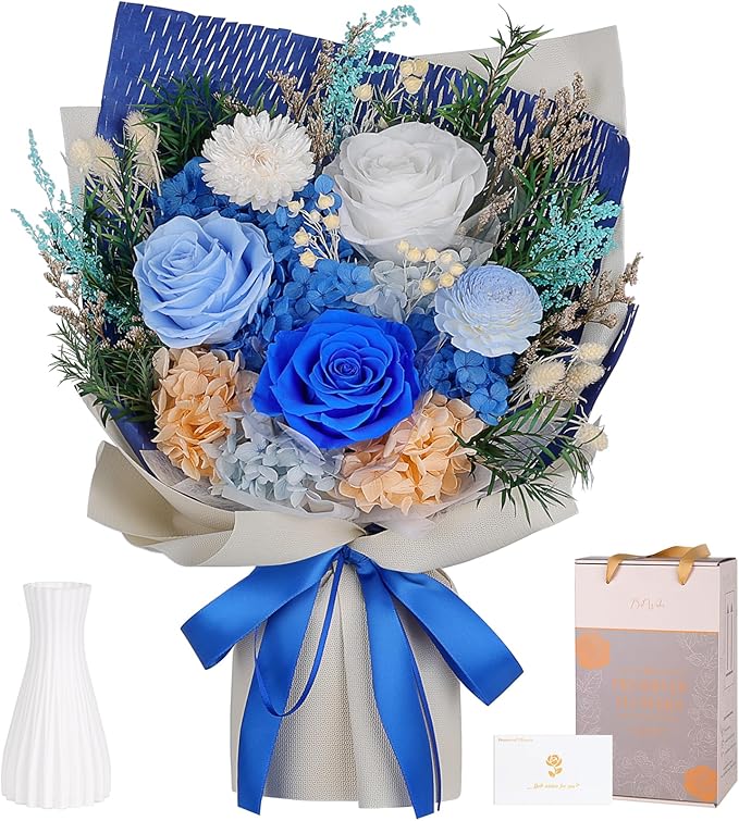 Preserved Flowers Bouquet - Forever Flowers for Delivery, Real Eternal Roses Bouquet for Mothers, Mom, Wife Anniversary Birthday Gifts for Women Men, Blue