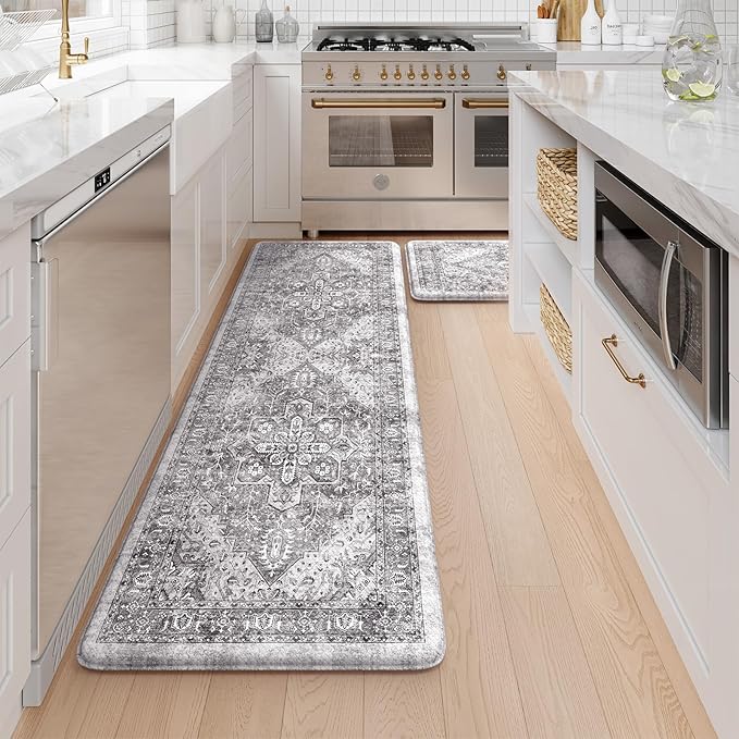 KIMODE Anti Fatigue Cushioned Kitchen Mats for Floor 2 Piece, Boho Vintage Kitchen Rugs Non Skid, Comfort Memory Foam Standing Desk Mats for Laundry Office Sink 20"x59"+20"x32" Grey