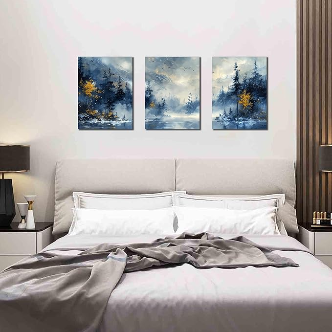 SIXTTART Forest Pictures Wall Art for Office - Modern Blue Canvas Art Wall Decor for Living Room - 3 Piece Wall Art for Bedroom Size 12" x 16"