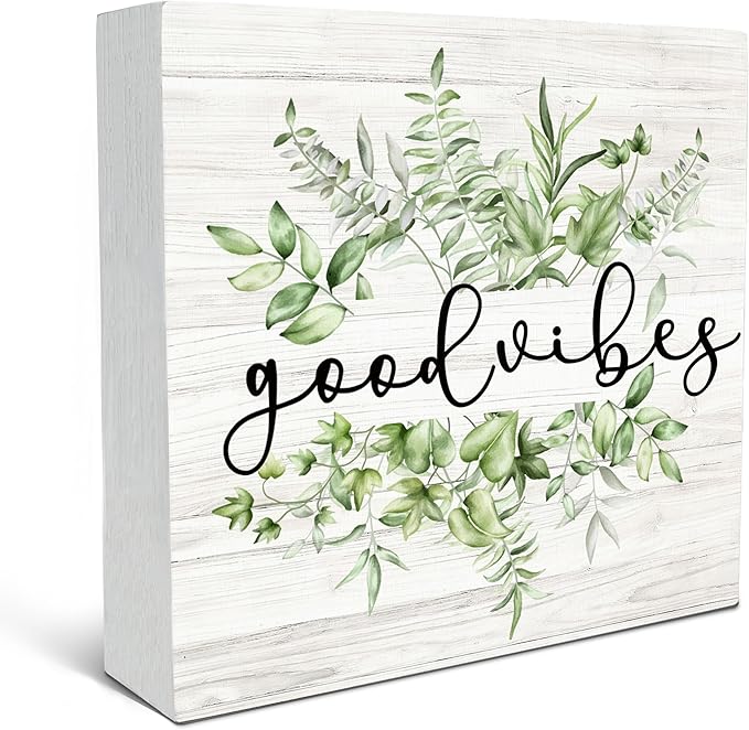 SRADMO Inspirational Botanical Eucalyptus Leaves Wood Box Sign Desk Decor, Green Rustic Eucalyptus Leaves Wooden Block Box Sign Decor for Home Office Shelf Table Decorative Accessories