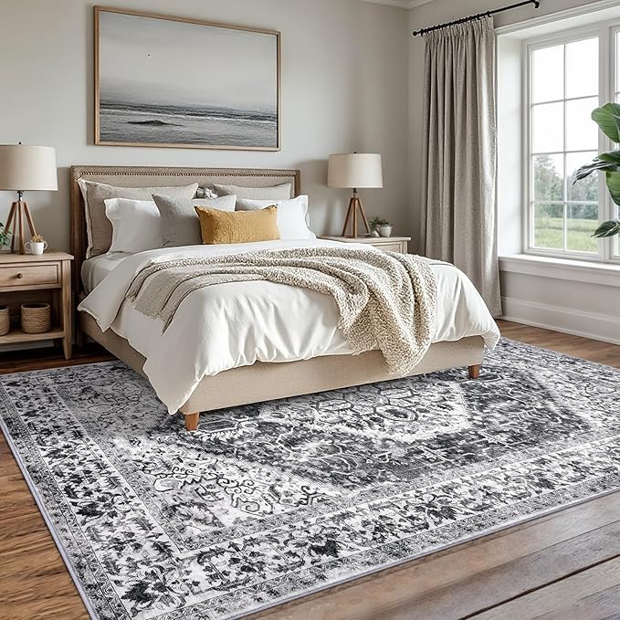 KOZYFLY Boho Area Rug 8x10 Ft Thin Rugs for Living Room Washable Bedroom Rug Non Slip Rugs for Dining Room Printed Faux Wool Rectangular Rug Floor Carpet for Dining Room Living Room, Grey