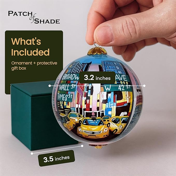New York City at Sunset Christmas Ornament Hand Painted from Inside with Decorative Gift Box