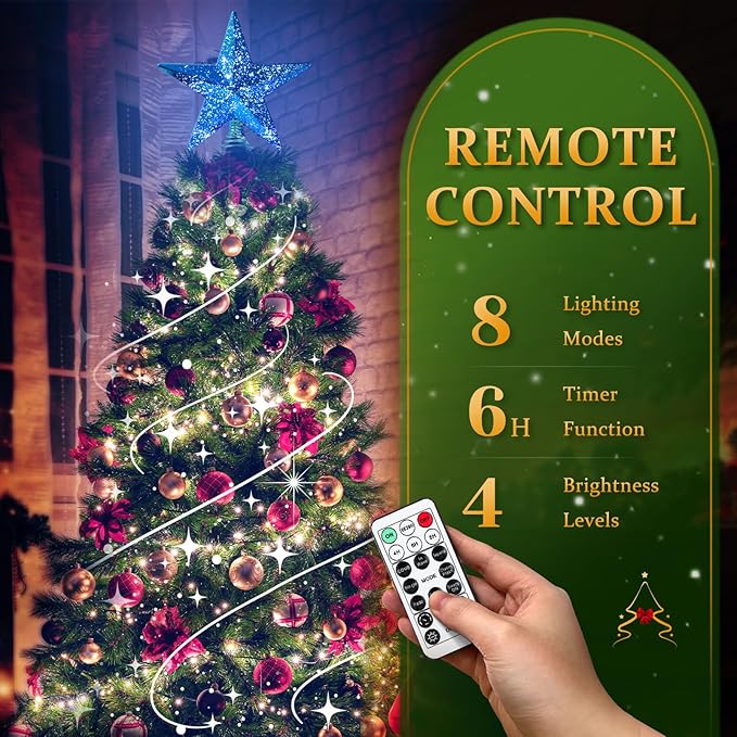 Blue Christmas Tree Star Topper with Lights, 8.5-Inch Light-Up Christmas Tree Topper with Remote Control, 4 Brightness Levels & 8 Light Modes, Faux Mercury Glitter Design with 20 Lights