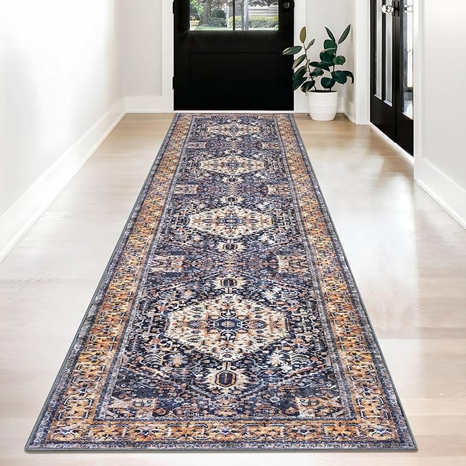 KOZYFLY Runners for Hallways 2.6x12 Ft Extra Long Washable Kitchen Boho Runner Rug for Entryway Indoor Gold Navy Printed Faux Wool Stair Runner Floor Carpet Runner for Stair Kitchen Hall