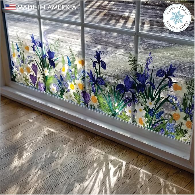 Botanical Springtime Flower Window Cling Decal. Crocuses, Ferns, Daffodils, Snowdrops. Home Decor Decoration for Glass. Spring Vinyl Sticker. Made in America.
