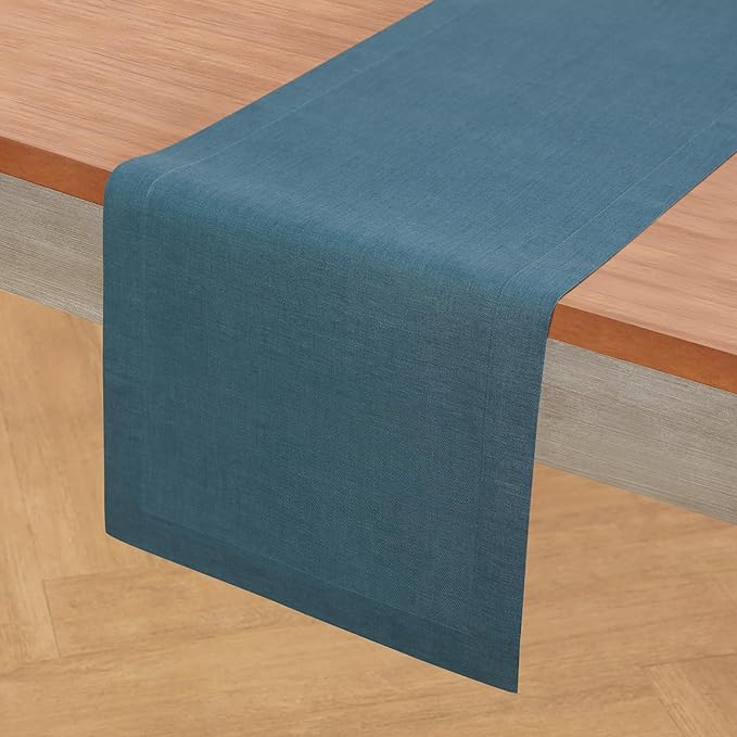 Solino Home Linen Table Runner 90 Inches Long - 100% Pure Linen Peacock Blue Table Runner 14 x 90 Inch - Fete