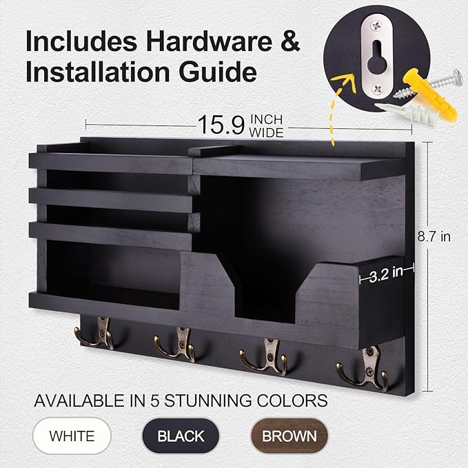 Mail and Key Holder for Wall – Decorative 15.9” x 8.7” x 3.2” Entryway Organizer with Shelf – Paulownia Wood with 4 Dual Hooks Includes Mounting Hardware and Installation Guide