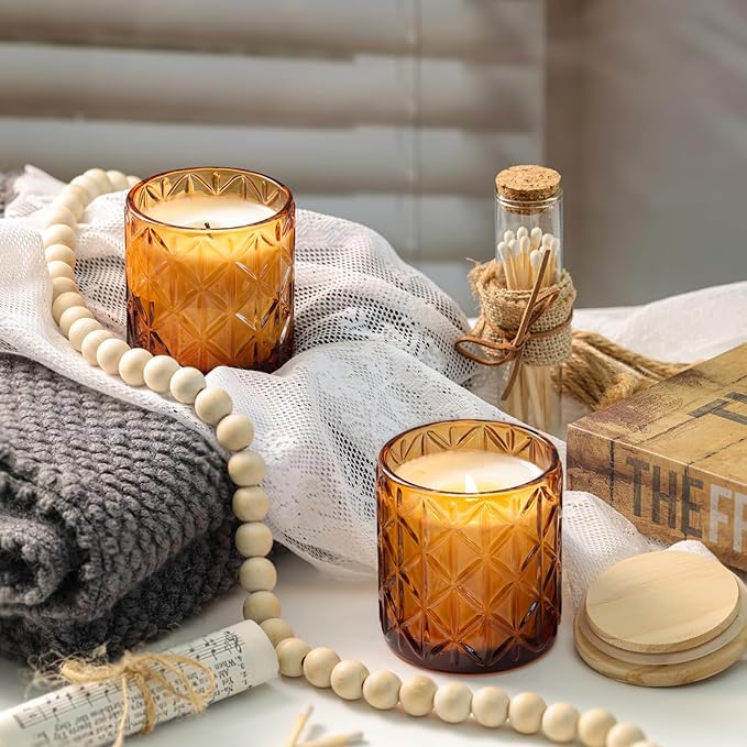 Lanttu 10pcs Empty Amber Diamond Glass Candle Jars, 7oz Glass Candle Containers with Wooden Lids and Labels, Candle Vessels for DIY, Gifts, Candle Making Supplies, Wedding Decorations