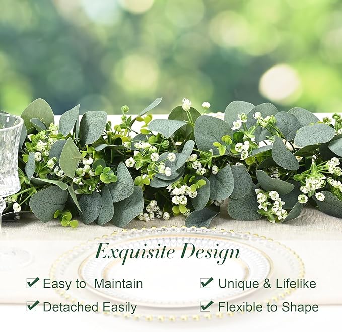 Waipfaru 8Pcs Eucalyptus Garland, 5.9FT Greenery Garland, Green Garland with Flowers, Artificial Faux Silver Dollar Eucalyptus Leaves Vines for Table Home Wedding Mantle Party Indoor Outdoor Decor